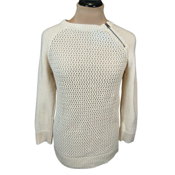 Loft Sweater 100% Cotton Size Small Zipper Detail Cream Winter White Open Knit - Picture 1 of 6